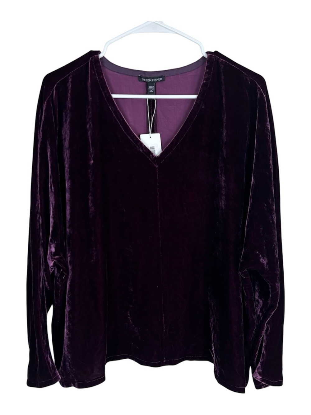 Eileen Fisher Velvet V-Neck Top Women’s L Purple Long Sleeve Silk Boxy Fit NWT
